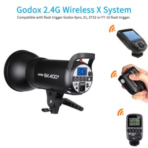 Godox SK400II Studio Strobe 400W, 2.4G Wireless X System GN65 5600K Monolight with Bowens Mount 150W Modeling Lamp, Outstanding Output Stability, Anti-Preflash