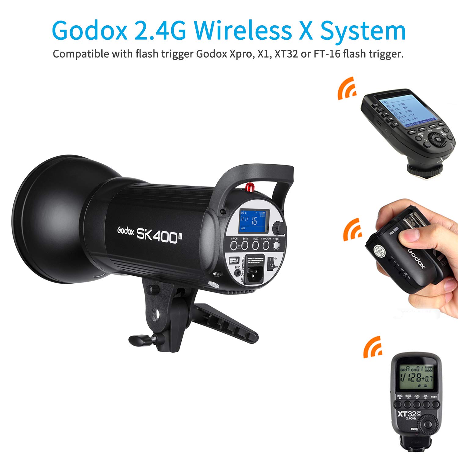 Godox SK400II Studio Strobe 400W, 2.4G Wireless X System GN65 5600K Monolight with Bowens Mount 150W Modeling Lamp, Outstanding Output Stability, Anti-Preflash