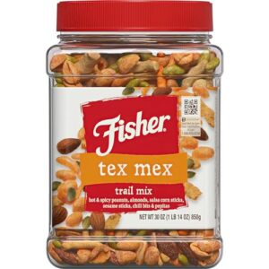 fisher snack tex mex trail mix, 30 ounces, hot and spicy peanuts, almonds, salsa corn sticks, sesame sticks, chili bits, pepitas