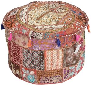 klavate indian hippie vintage cotton floor pillow & cushion patchwork bean bag chair cover boho bohemian hand embroidered handmade pouf ottoman (brown, 13" h x 18" diam.(inch))