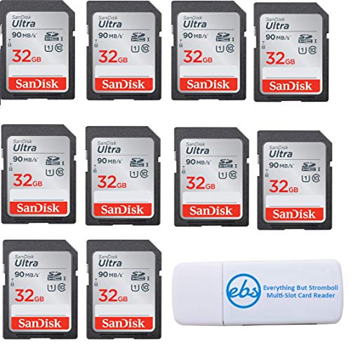 SanDisk Ultra - 10 Pack Bundle UHS-I Class 10 SD Flash Memory Card Retail (SDSDUNC-032G-GN6IN) - With Everything But Stromboli (TM) Combo Card Reader