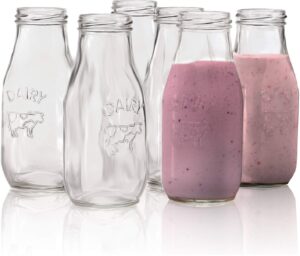 circleware country milk bottles set of 6 drinking glasses home and kitchen dairy cow glassware for water, juice, beer, bar liquor dining beverage gifts, farmhouse decor, 6 count (pack of 1), clear