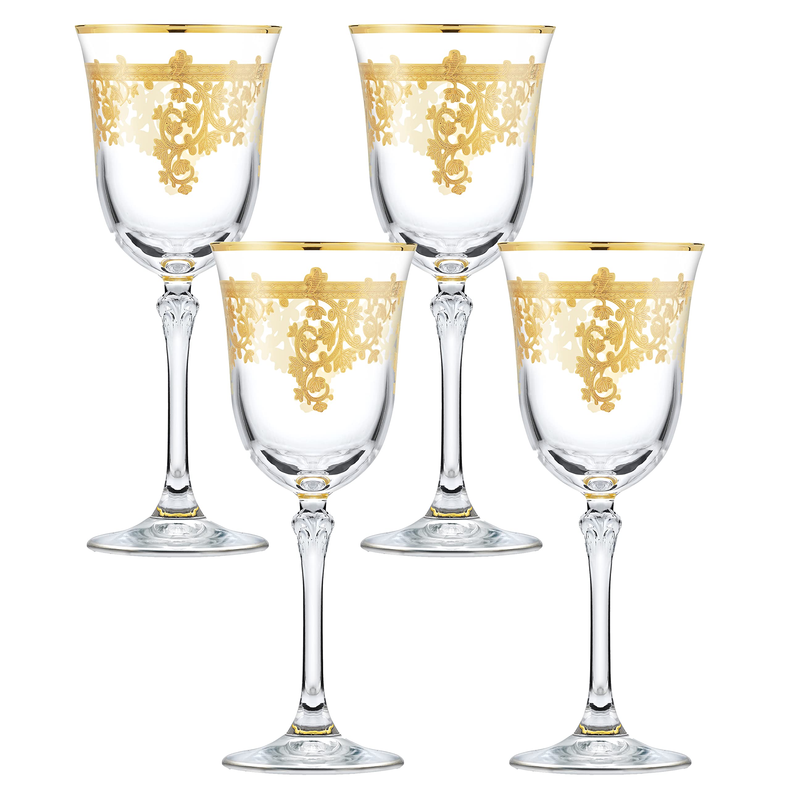 Lorren Home Trends Royal-Water Set of 4 Embellished 24K Gold Crystal Red Wine Goblets-Made in Italy, 4 Count (Pack of 1), Clear