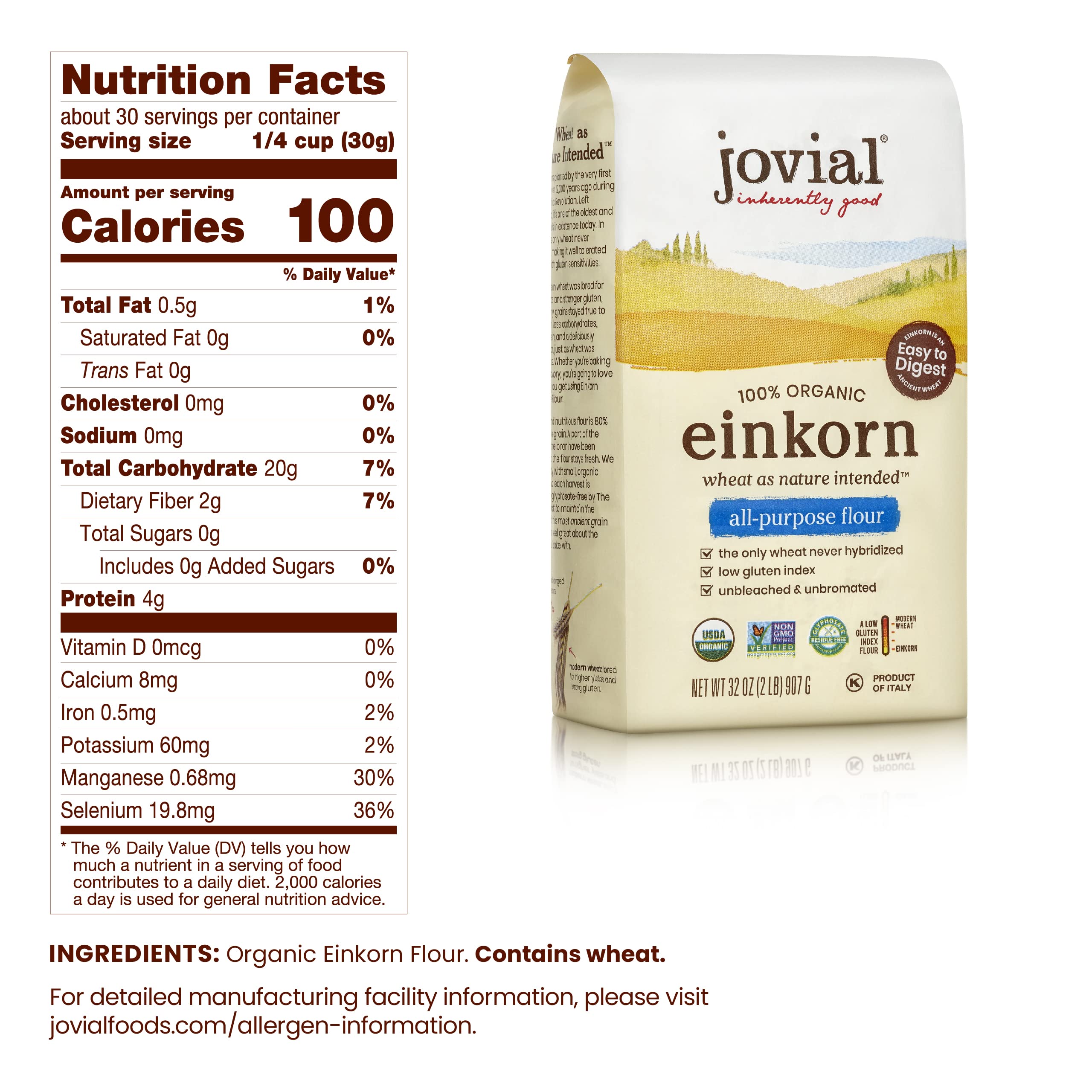 Jovial 100% Organic Einkorn All-Purpose Flour, 2 lb. Bag, 3 Count