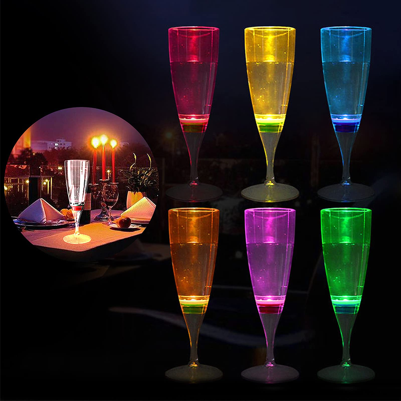 HOMEYA LED Champagne Flutes (Set of 6 Multi-Color), Water Liquid Activated Light Up Cups Flashing Wine Glasses Blinking Cocktail Whisky Drinkware Glow Dark for Christmas Halloween Party Wedding Gifts