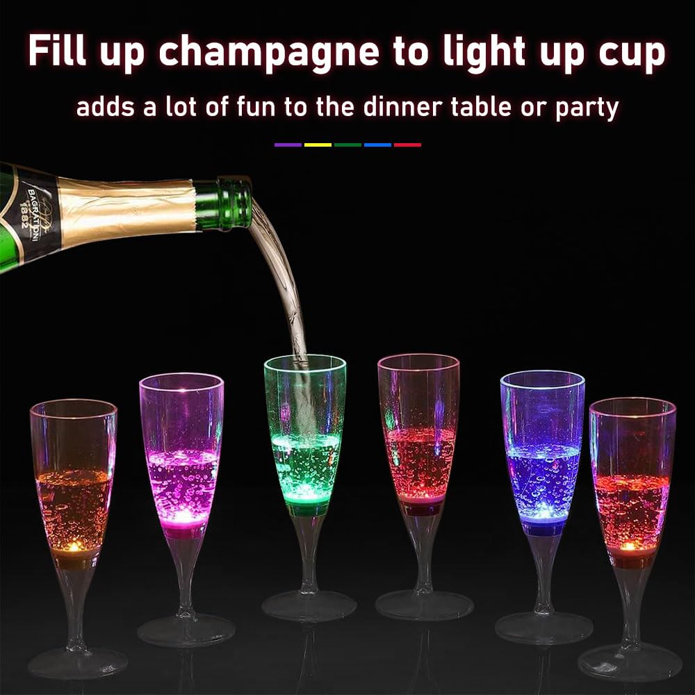 HOMEYA LED Champagne Flutes (Set of 6 Multi-Color), Water Liquid Activated Light Up Cups Flashing Wine Glasses Blinking Cocktail Whisky Drinkware Glow Dark for Christmas Halloween Party Wedding Gifts