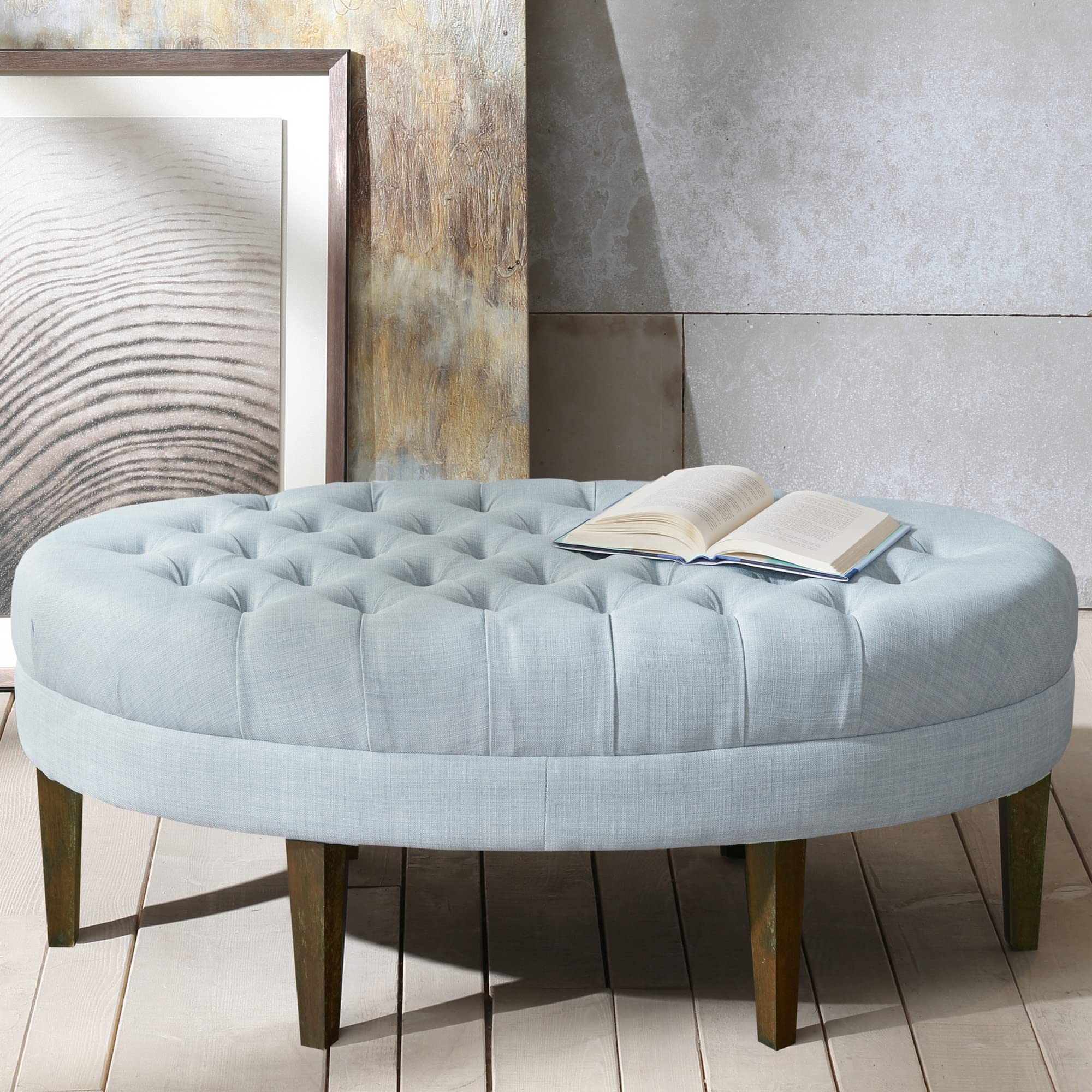 Madison Park Martin Oval Surfboard Tufted Cocktail Ottoman Soft Fabric, All Foam, Wood Frame Modern Coffee Table Living Room Lounge Furniture, Dusty Blue, 48"W x 27.5"D x 18"H