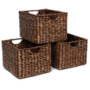 birdrock home storage shelf organizer baskets with handles - set of 3 - seagrass wicker basket - pantry living room office-bathroom shelves organization - under shelf basket - handwoven (natural)