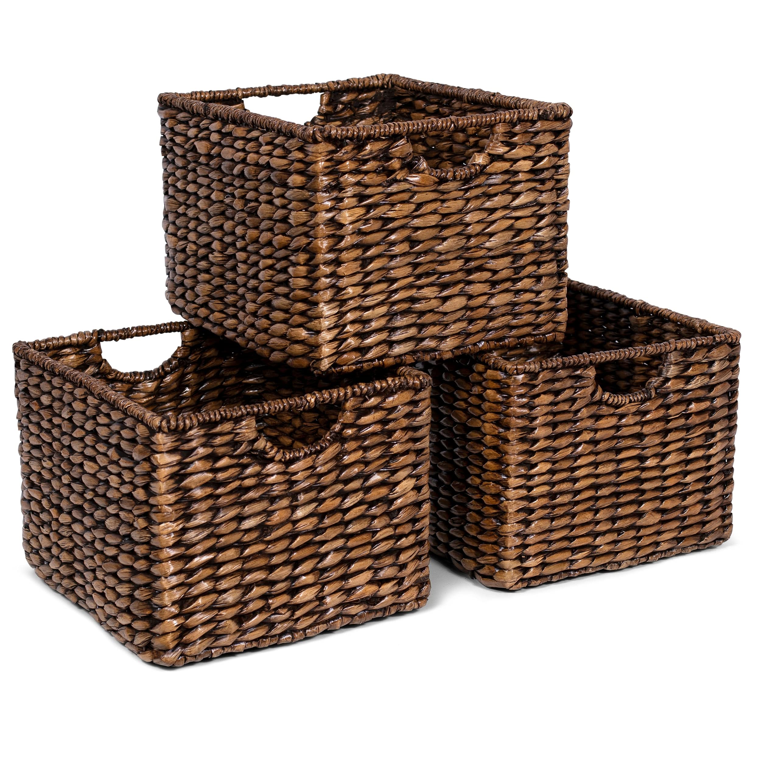 BIRDROCK HOME Storage Shelf Organizer Baskets with Handles - Set of 3 - Seagrass Wicker Basket - Pantry Living Room Office-Bathroom Shelves Organization - Under Shelf Basket - Handwoven (Natural)