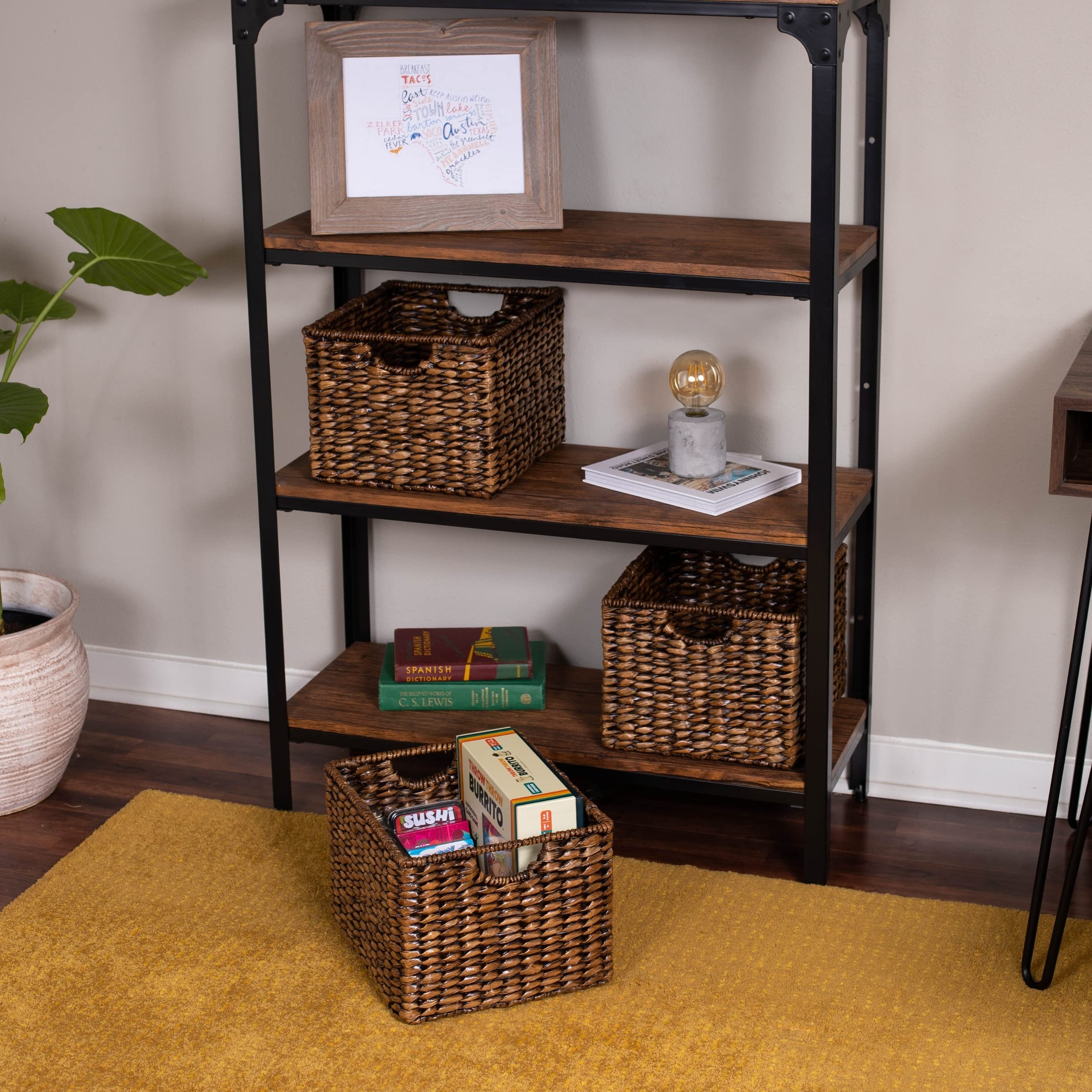 BIRDROCK HOME Storage Shelf Organizer Baskets with Handles - Set of 3 - Seagrass Wicker Basket - Pantry Living Room Office-Bathroom Shelves Organization - Under Shelf Basket - Handwoven (Natural)