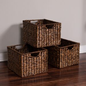 BIRDROCK HOME Storage Shelf Organizer Baskets with Handles - Set of 3 - Seagrass Wicker Basket - Pantry Living Room Office-Bathroom Shelves Organization - Under Shelf Basket - Handwoven (Natural)