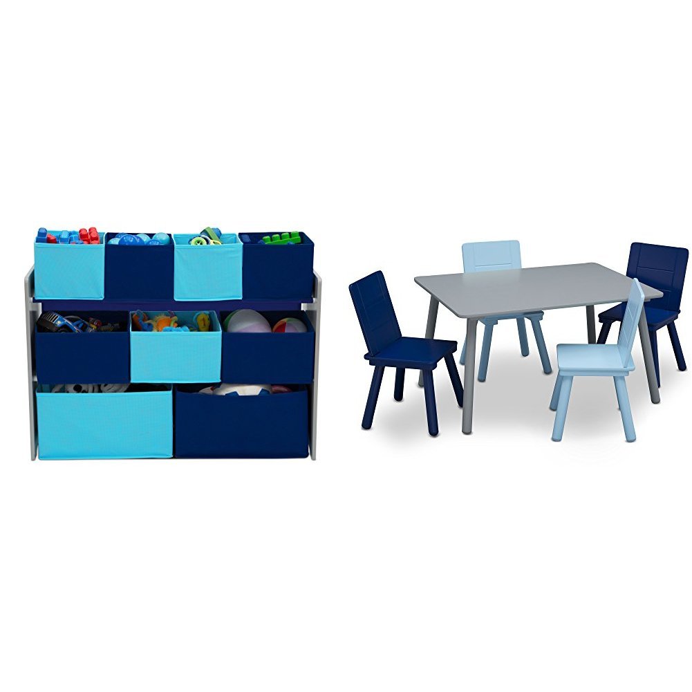 Delta Children Deluxe Multi-Bin Toy Organizer & Kids Table and Chair Set, Grey/Blue