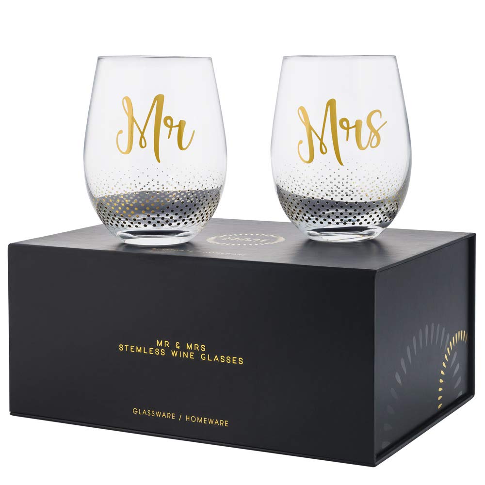 VERRE ESPRIT Mr and Mrs Wine Glasses, Stemless Wedding Glasses for Bride and Groom, Bride and Groom Glasses with Gold Lettering, Mr and Mrs Glasses set of 2, Crystal Wedding Wine Glasses