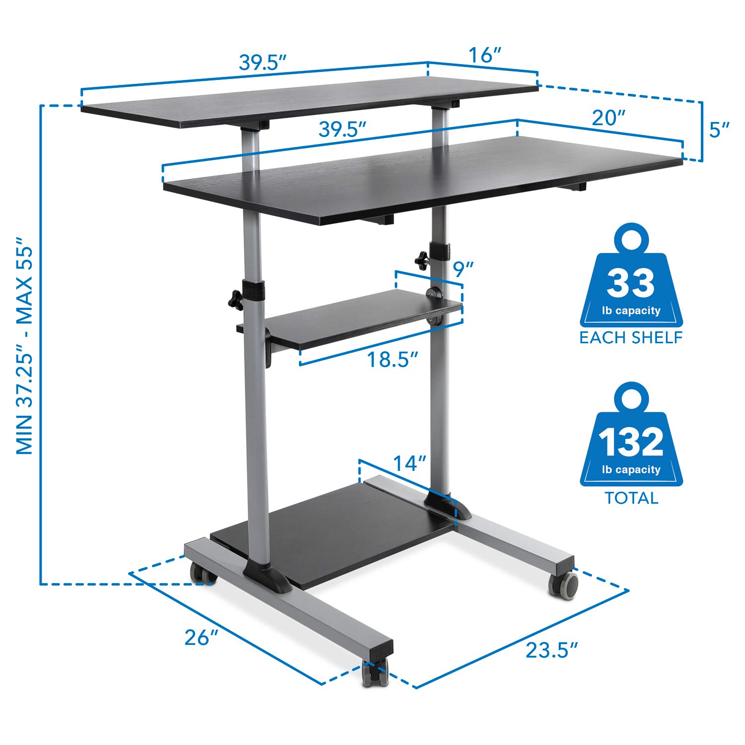 Mount-It! Mobile Standing Desk | Height Adjustable Rolling Desk with 40 Wide Table Tops | Multi-Purpose Rolling Presentation Cart with Four Platforms | (MI-7970)