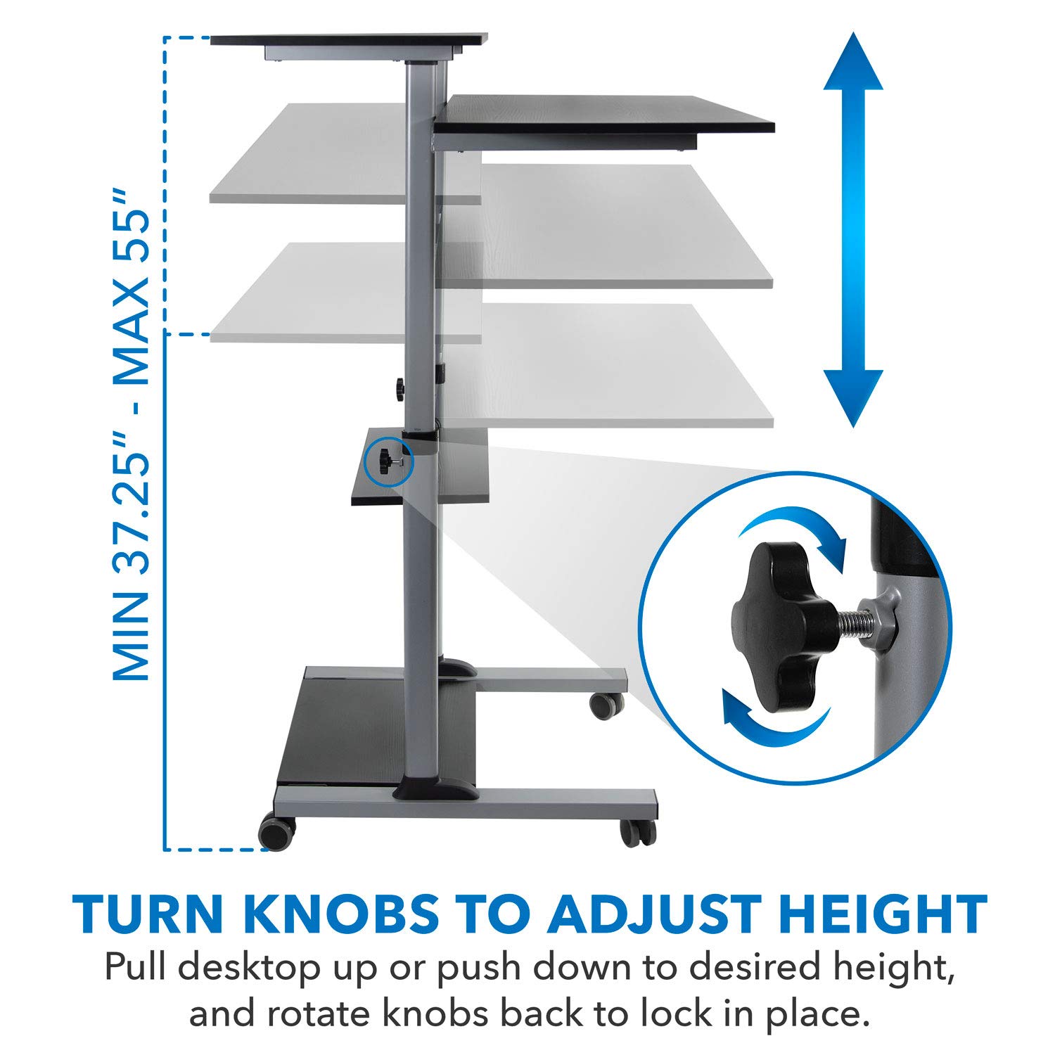 Mount-It! Mobile Standing Desk | Height Adjustable Rolling Desk with 40 Wide Table Tops | Multi-Purpose Rolling Presentation Cart with Four Platforms | (MI-7970)