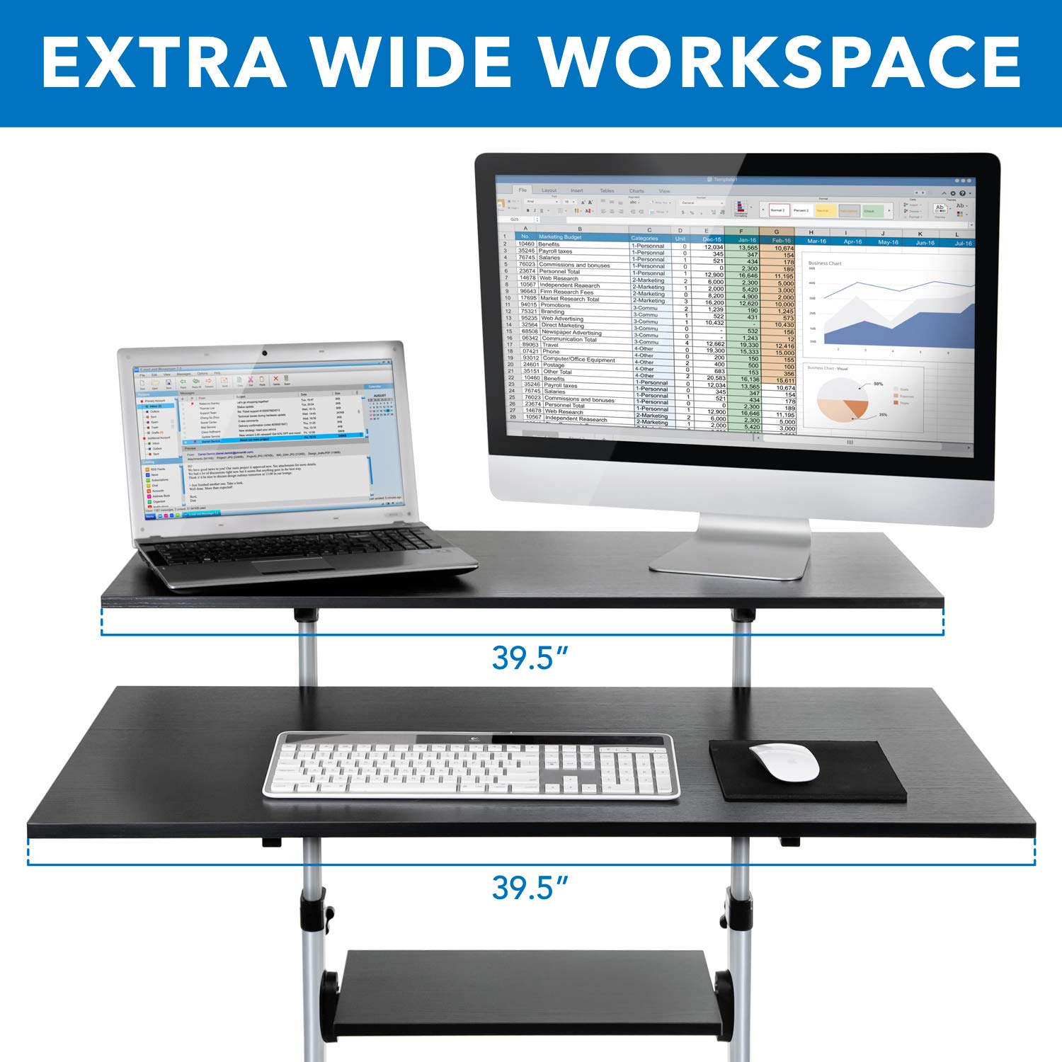 Mount-It! Mobile Standing Desk | Height Adjustable Rolling Desk with 40 Wide Table Tops | Multi-Purpose Rolling Presentation Cart with Four Platforms | (MI-7970)