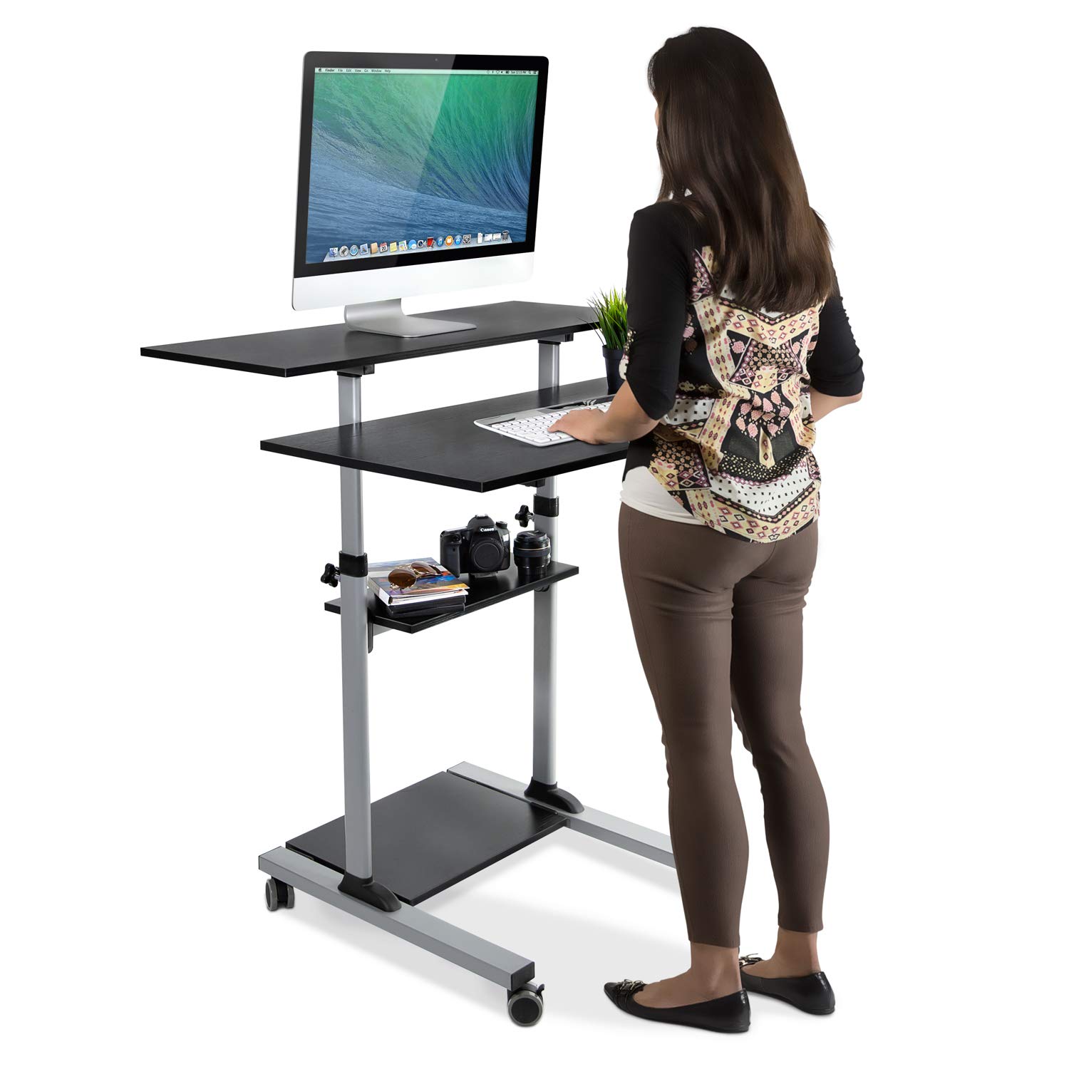 Mount-It! Mobile Standing Desk | Height Adjustable Rolling Desk with 40 Wide Table Tops | Multi-Purpose Rolling Presentation Cart with Four Platforms | (MI-7970)