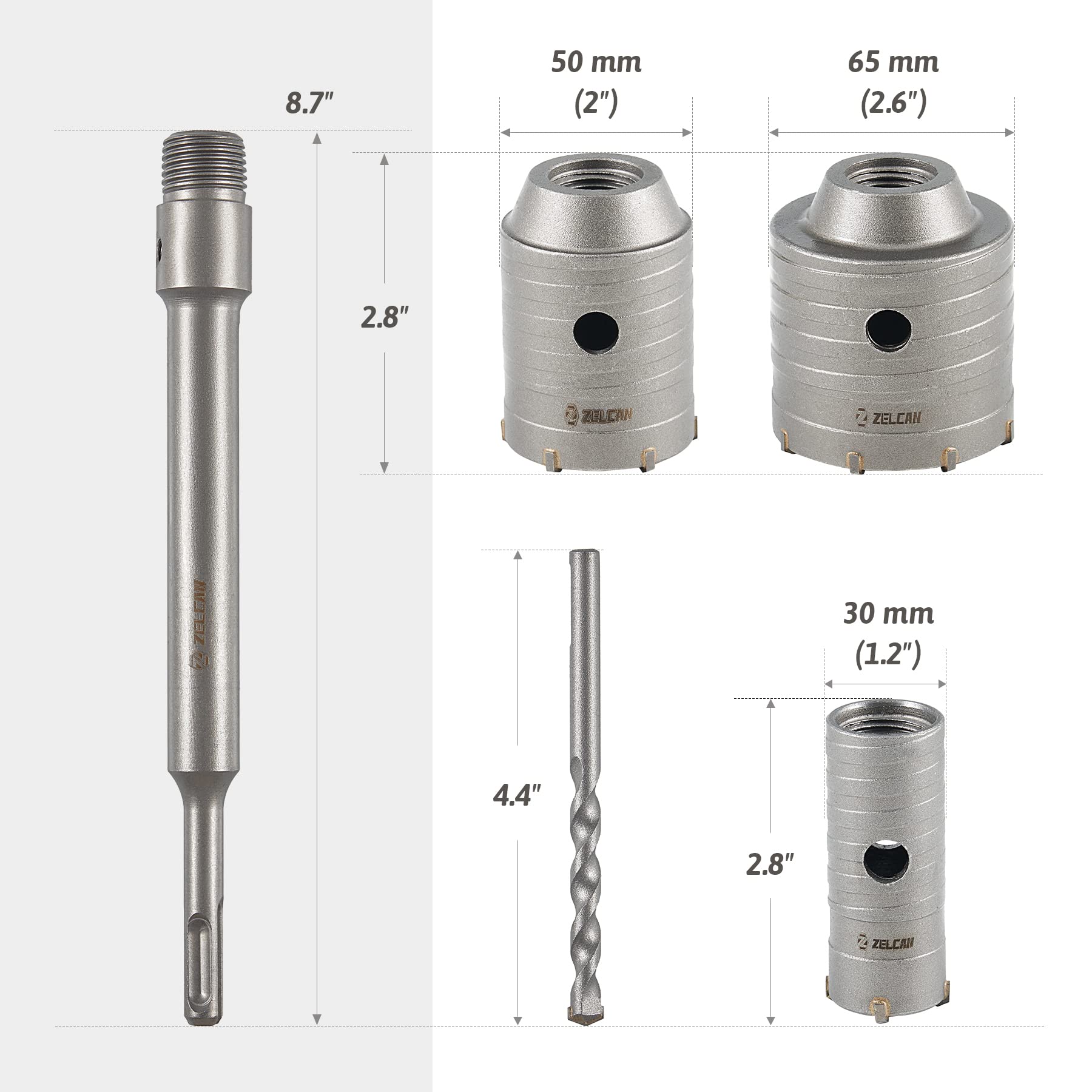 ZELCAN Hole Saw Kit, 4pc Drill Hole Cutter Set with 30 50 65mm Hole Drill Bits for SDS Plus Hammer Drills, Circle Drill Bits Hole Saw Set for Concrete Brick Cement Stone Wall Drilling Home Improvement