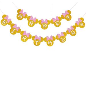 minnie mouse pink and gold inspired happy birthday banner, minnie birthday party decorations for girls birthday themed party decoration