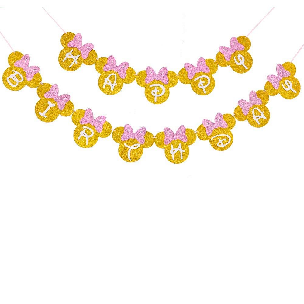 Minnie Mouse Pink And Gold Inspired Happy Birthday Banner, Minnie Birthday Party Decorations for Girls Birthday Themed Party Decoration