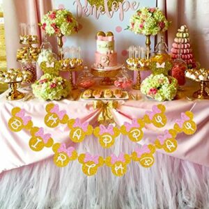 Minnie Mouse Pink And Gold Inspired Happy Birthday Banner, Minnie Birthday Party Decorations for Girls Birthday Themed Party Decoration