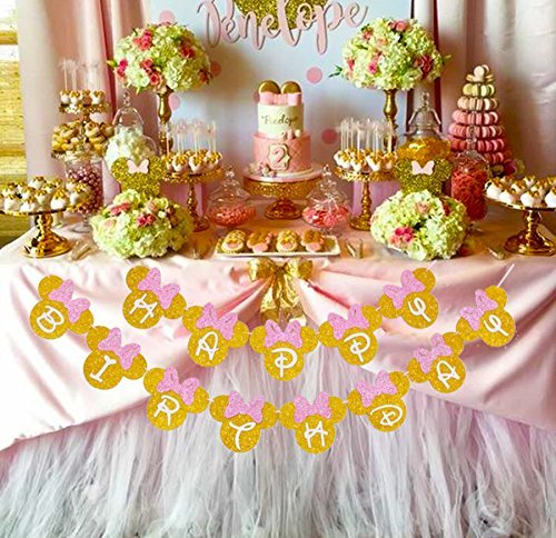 Minnie Mouse Pink And Gold Inspired Happy Birthday Banner, Minnie Birthday Party Decorations for Girls Birthday Themed Party Decoration