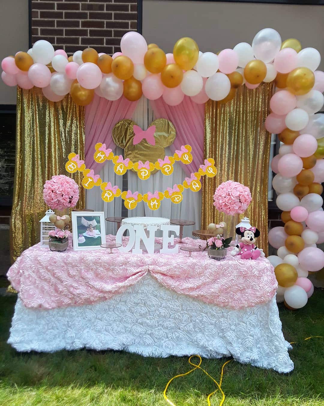 Minnie Mouse Pink And Gold Inspired Happy Birthday Banner, Minnie Birthday Party Decorations for Girls Birthday Themed Party Decoration