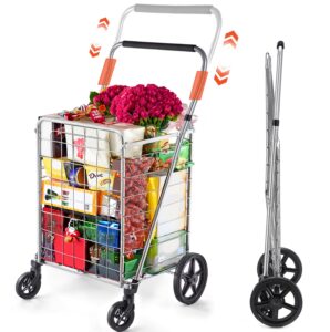 wellmax grocery shopping cart with adjustable handle and swivel wheels, heavy duty foldable and collapsible utility cart
