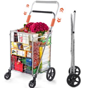 Wellmax Grocery Shopping Cart with Adjustable Handle and Swivel Wheels, Heavy Duty Foldable and Collapsible Utility Cart