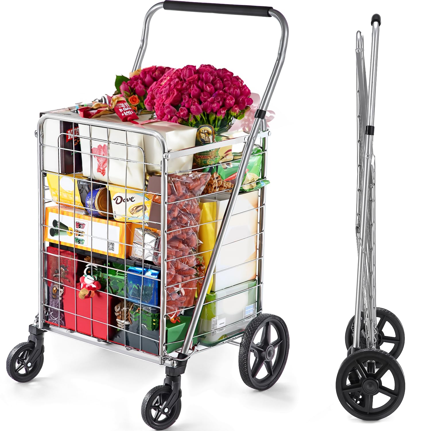 Wellmax Grocery Shopping Cart with Adjustable Handle and Swivel Wheels, Heavy Duty Foldable and Collapsible Utility Cart