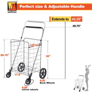 Wellmax Grocery Shopping Cart with Adjustable Handle and Swivel Wheels, Heavy Duty Foldable and Collapsible Utility Cart