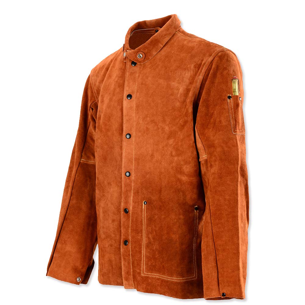 QeeLink Leather Welding Work Jacket Flame-Resistant Heavy Duty Split Cowhide Leather (X-Large)