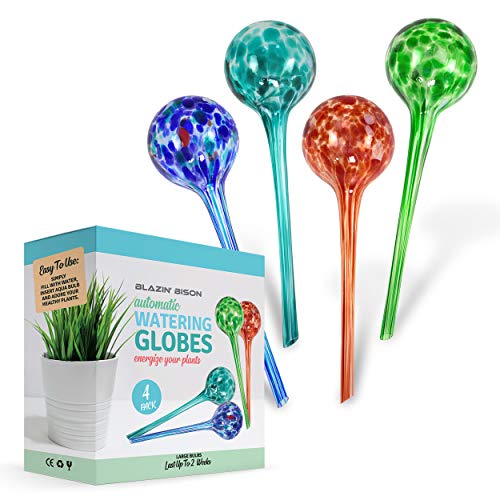 Blazin' Bison Indoor Plant Watering Globes | Automatic Self Water Bulbs | Aqua Water Globe | Decorative Hand-Blown Glass | 4pc Deluxe Set (Large)