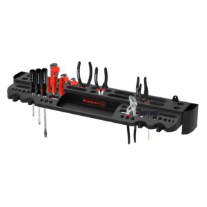 tool storage shelf wall mount utility shelf organizer rack has 61 slots, 4 hooks, 2 compartments garage shelving and tool organizers by stalwart