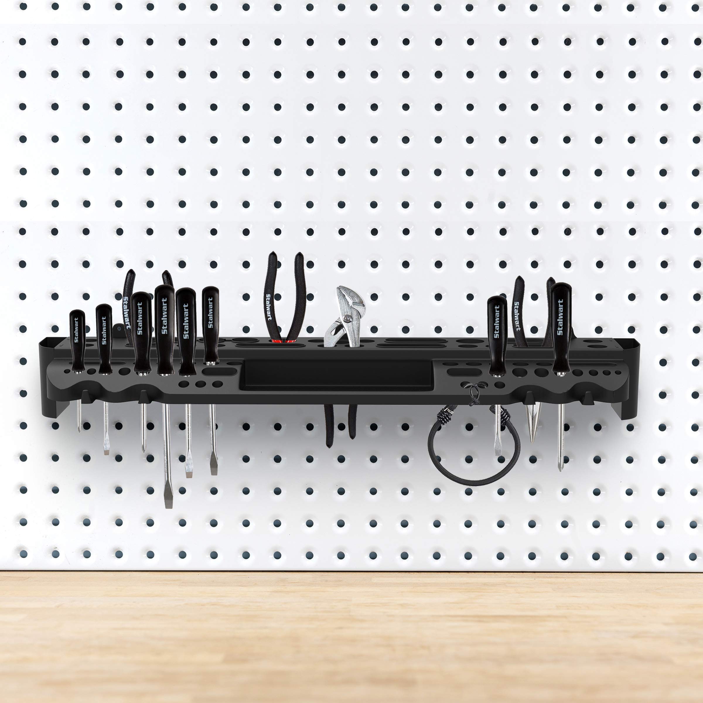 Tool Storage Shelf Wall Mount Utility Shelf Organizer Rack Has 61 Slots, 4 Hooks, 2 Compartments Garage Shelving and Tool Organizers by Stalwart