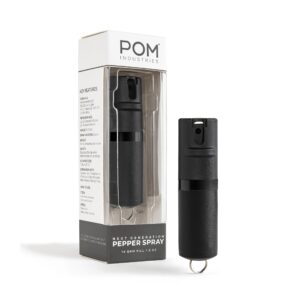 pom pepper spray black flip top keychain - maximum strength oc spray self defense - tactical compact & safe design - quick key release - 25 bursts & 10 ft range - accurate stream pattern