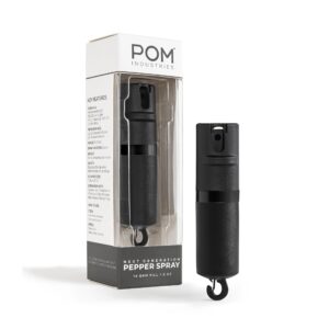 pom pepper spray flip top snap hook - maximum strength oc spray self defense - tactical compact & safe design - quick key release - 25 bursts & 10 ft range - (group) (black black, one pack)