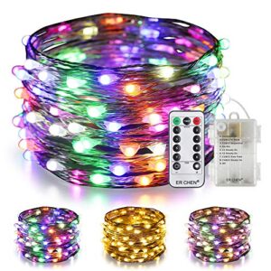 er chen color changing battery operated fairy lights, 33ft 100 led 8 modes silvery copper wire twinkle string lights with remote/timer for bedroom, patio, wedding, party (warm white&multicolor)