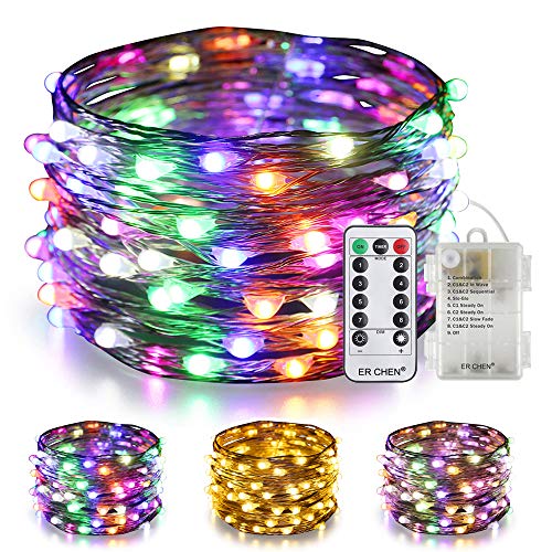 ER CHEN Color Changing Battery Operated Fairy Lights, 33ft 100 LED 8 Modes Silvery Copper Wire Twinkle String Lights with Remote/Timer for Bedroom, Patio, Wedding, Party (Warm White&Multicolor)