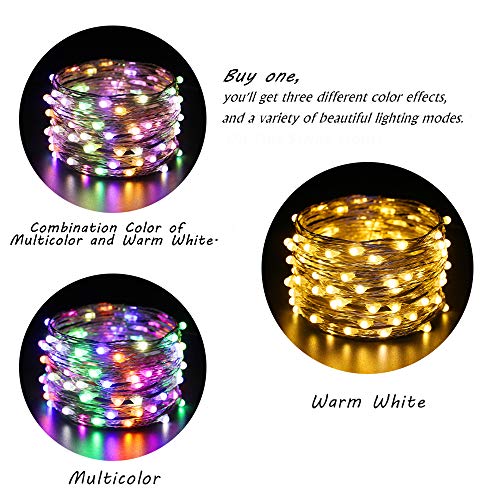 ER CHEN Color Changing Battery Operated Fairy Lights, 33ft 100 LED 8 Modes Silvery Copper Wire Twinkle String Lights with Remote/Timer for Bedroom, Patio, Wedding, Party (Warm White&Multicolor)