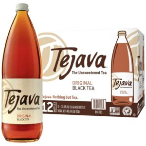 tejava original unsweetened black iced tea, 12 pack, 1 liter glass bottles, non-gmo, kosher, no sugar or sweeteners, no calories, no preservatives, brewed in small batches