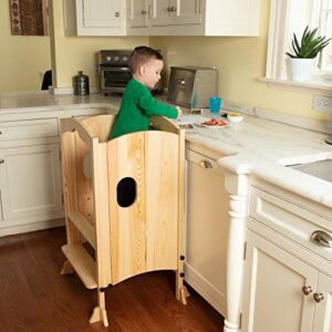 wooden kitchen tower step stool helper for kids & toddlers christmas holiday baking- stand w 3 adjustable heights, safety rail & treads, and kitchen knob protector- folds flat for easy storage