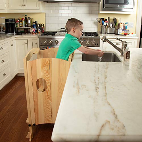 Wooden Kitchen Tower Step Stool Helper for Kids & Toddlers Christmas Holiday Baking- Stand w 3 Adjustable Heights, Safety Rail & Treads, and Kitchen Knob Protector- Folds Flat for Easy Storage