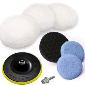 BOKA 6 Inch Buffing Pads, 8 PCS Polishing Pad Attachment for Drill, Wool Car Buffer Wheel for Drill with M14 Drill Adapter, 3 × Buffing Pad 6", 1 × Sponge Polishing Pad, 2 × Wax Applicator