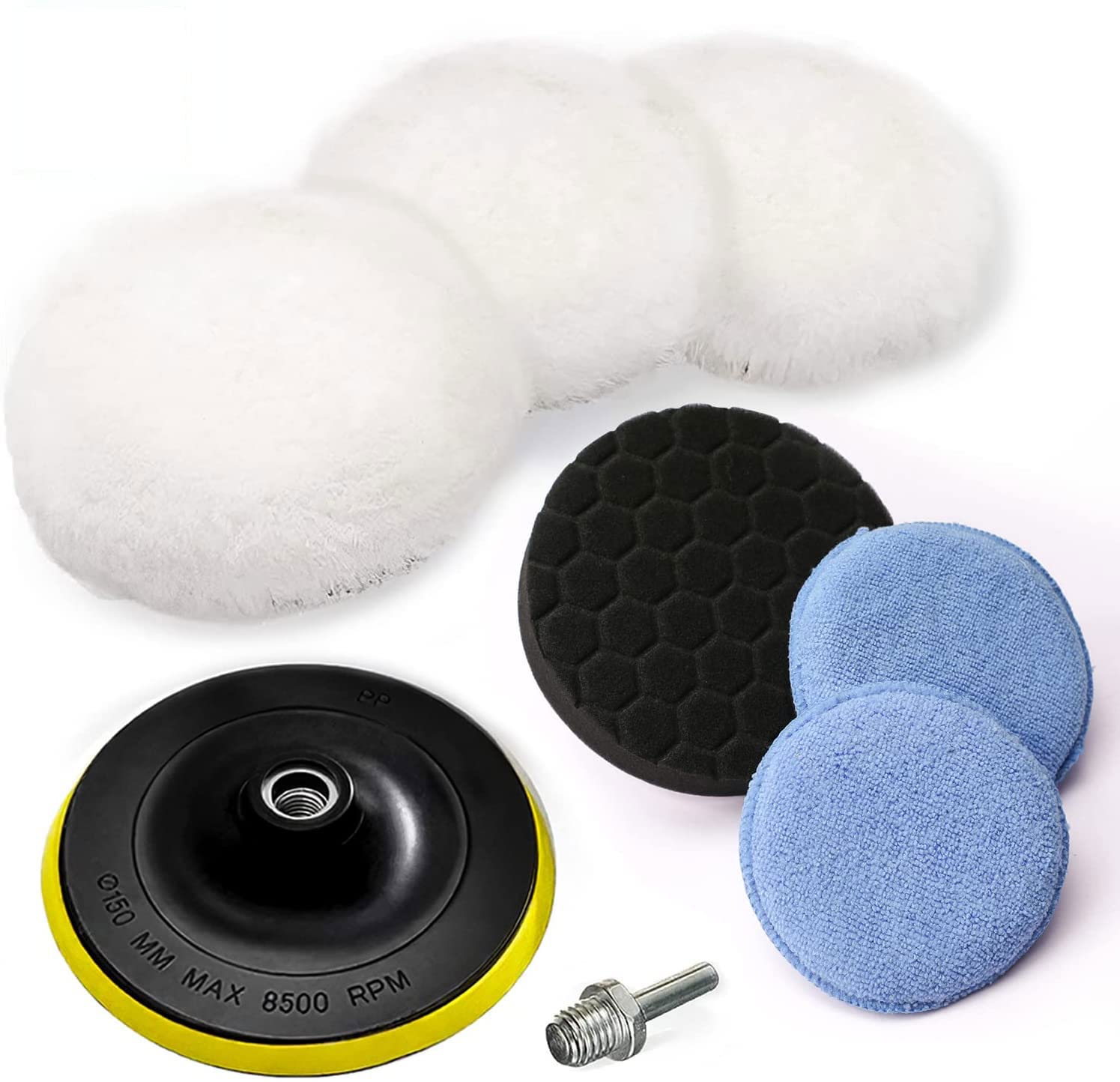 BOKA 6 Inch Buffing Pads, 8 PCS Polishing Pad Attachment for Drill, Wool Car Buffer Wheel for Drill with M14 Drill Adapter, 3 × Buffing Pad 6", 1 × Sponge Polishing Pad, 2 × Wax Applicator