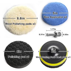 BOKA 6 Inch Buffing Pads, 8 PCS Polishing Pad Attachment for Drill, Wool Car Buffer Wheel for Drill with M14 Drill Adapter, 3 × Buffing Pad 6", 1 × Sponge Polishing Pad, 2 × Wax Applicator