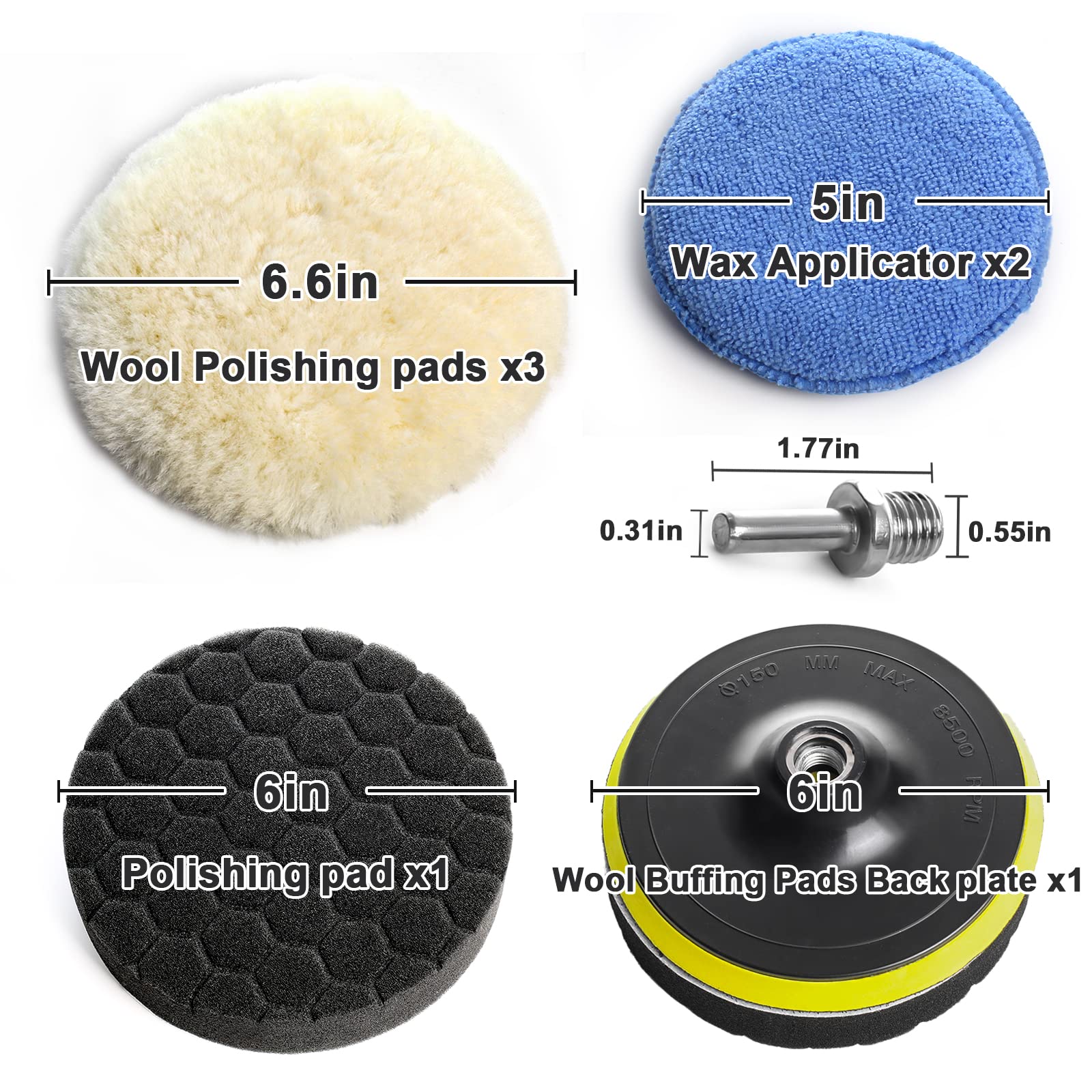 BOKA 6 Inch Buffing Pads, 8 PCS Polishing Pad Attachment for Drill, Wool Car Buffer Wheel for Drill with M14 Drill Adapter, 3 × Buffing Pad 6", 1 × Sponge Polishing Pad, 2 × Wax Applicator