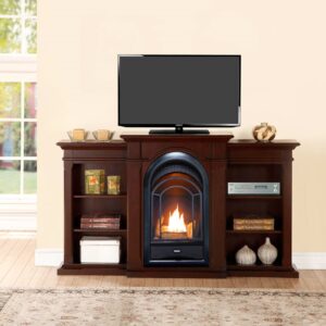 procom dual fuel ventless gas fireplace system with mantle, thermostat control, 4 fire logs, use with natural gas or liquid propane, 10000 btu, heats up to 500 sq. ft., chocolate