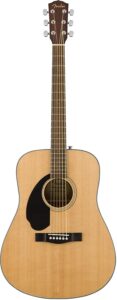 fender left-handed acoustic guitar, with 2-year warranty, dreadnought classic design with rounded walnut fingerboard and phosphor bronze strings, glossed natural finish, mahogany construction