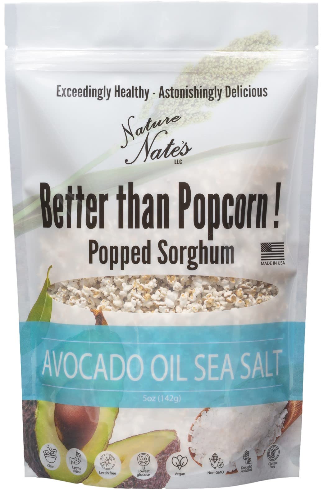 Nature Nate’s Popped Sorghum, Avocado Oil Sea Salt - Organic, Keto & Gluten Free, Whole 30, Healthy Snacks, Better Than Popcorn, Made in USA - 5 Ounce